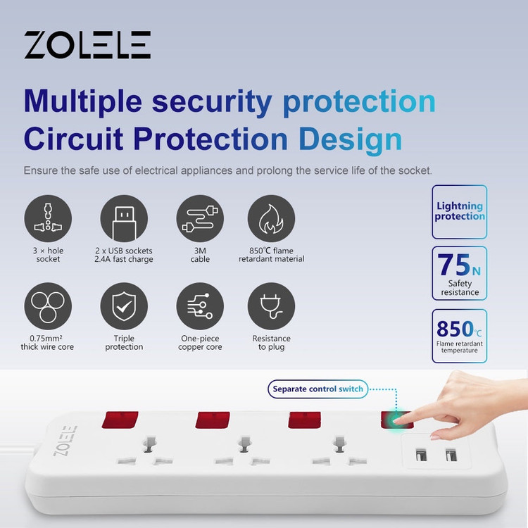 سهراهی ۳ سوکت و ۲ یو اس بی Zolele مدل ZK101