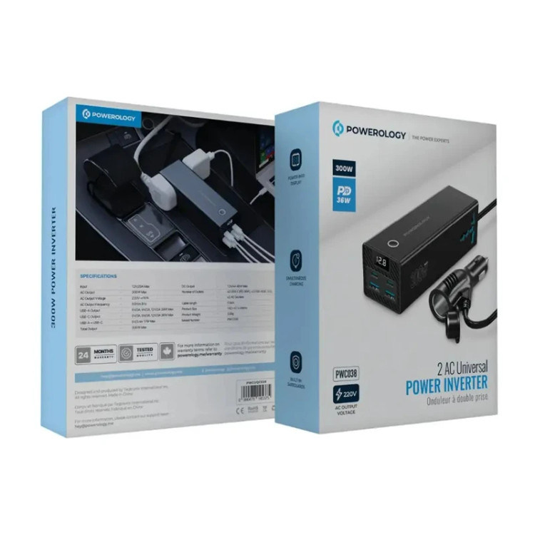 مبدل برق اینورتر و فندکی خودرو 300 وات پاورولوجی مدل PWCUQC038